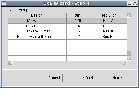 图 42:DoE Wizard - Step 4 for screening
