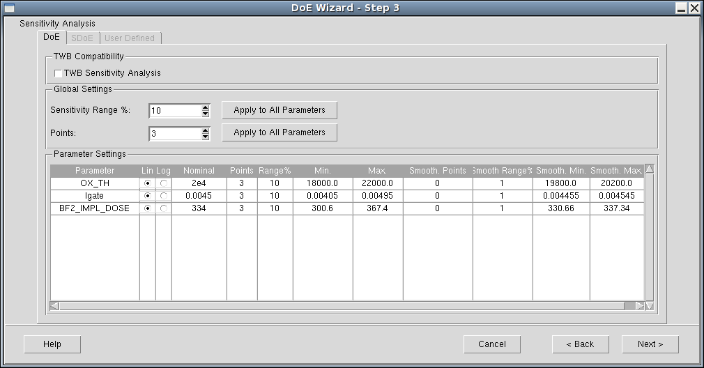 图 47:DoE Wizard - Step 3 for standard mode of sensitivity analysis