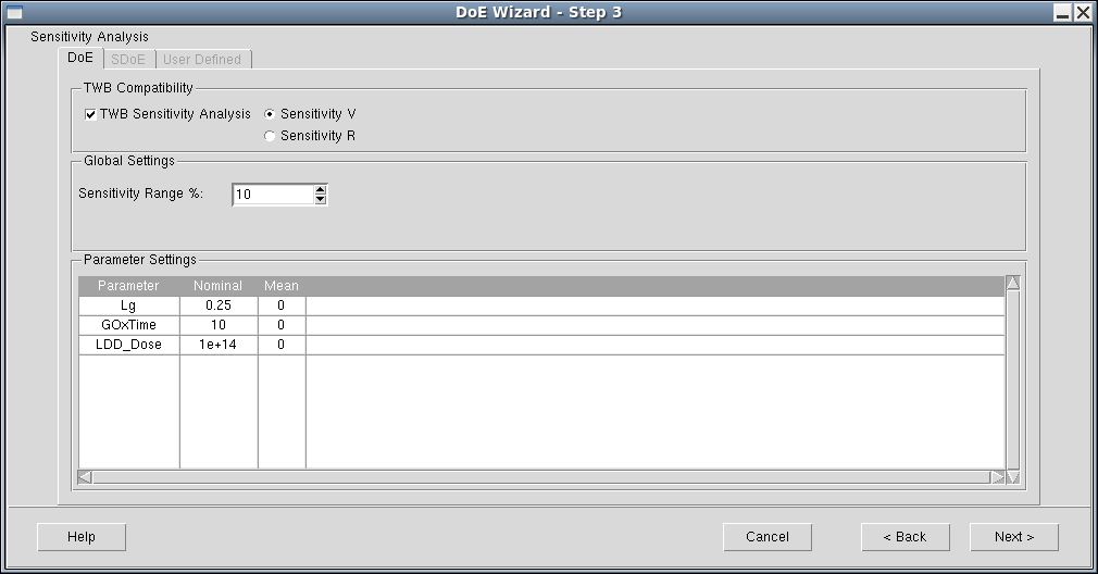 图 49:DoE Wizard - Step 3 for Taurus Workbench–compatible mode of sensitivity analysis: Sensitivity V model